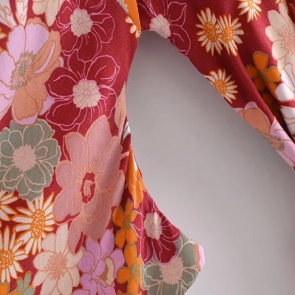 Wine Floral Bohemian Short Floral Kimono Wrap Top - Picture 10 of 12